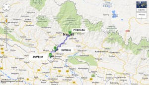 Mapa podróży z Pokhary do Lumbini